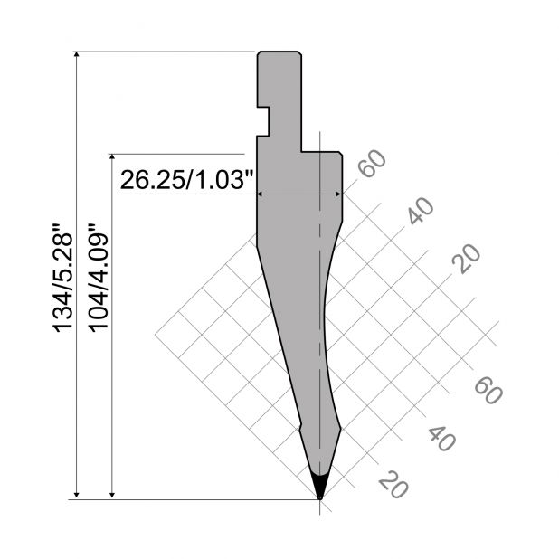 Punch R1 European type with Working height=104mm, α=30°, Radius=0,8mm, Material=C45, Max. load=700kN/m.