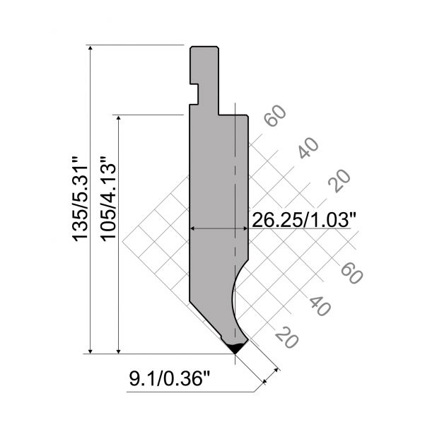 Punch R1 European type with Working height=105mm, α=85°, Radius=0,8mm, Material=C45, Max. load=1000kN/m.