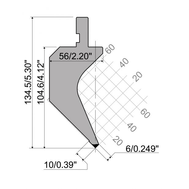 Punch R1 European type with Working height=104,65mm, α=88°, Radius=0,8mm, Material=C45, Max. load=450kN/m.