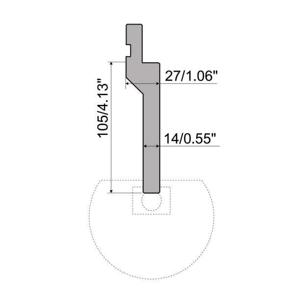 "Radius and Hemming punch R1 European type with Working height=105mm, Material=C45, Max. load=800kN/m. To use