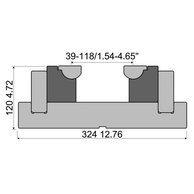 Adjustable "v" Rolla-v die in 42 Cr. max.load 3500 kN/m. min "V" 39 mm. Max "V" 118 mm.