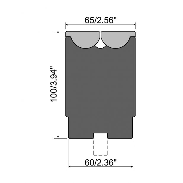 Rolla-V die with milled groove 12,7 x 19 mm. RVM series in 42 Cr. max.load 2000 kN/m. min. angle 46°