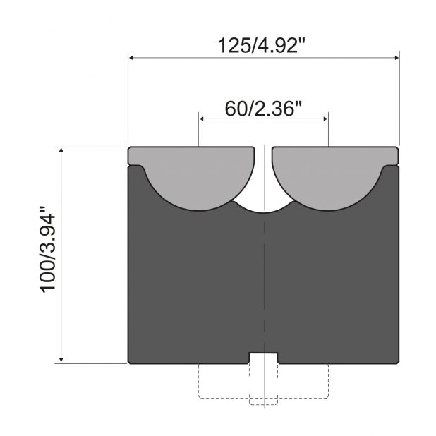 Rolla-V die with milled groove 12,7 x 19 mm. RVM series in 42 Cr. max.load 2000 kN/m. min. angle 46°