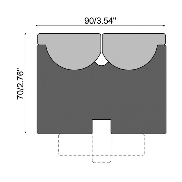 Rolla-V die with 60 mm base. RVM series in 42 Cr. max.load 2500 kN/m. min. angle 47°