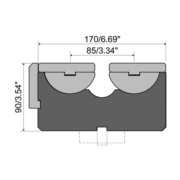 Rolla-V die with milled groove 12.7 x 19 mm. RVM series in 42 Cr. max.load 3000 kN/m. min. angle 73°