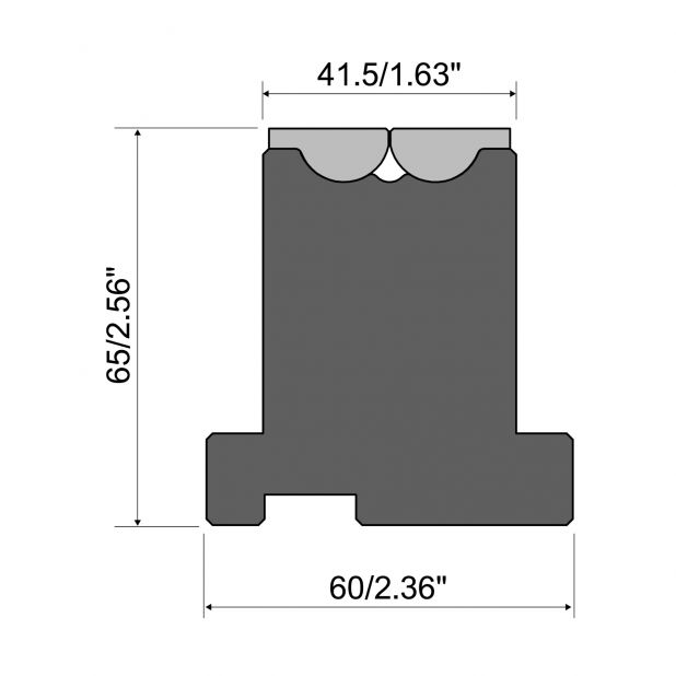 Rolla-V die RVP series in 42 Cr. max.load 1500 kN/m. min. angle 47°.