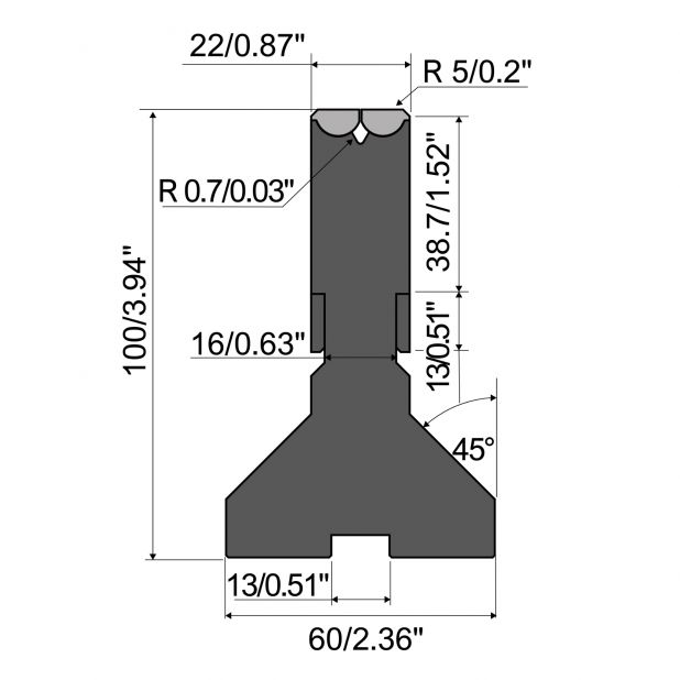 Rolla-V die XT Series in 42 Cr. max.load 500 kN/m. min. angle 60°