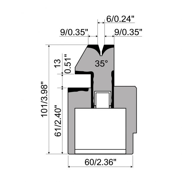 Pneumatic Hemming die R1 European type with total height=101mm, α=35°, Radius=1mm, Material=C45, Max. load=6