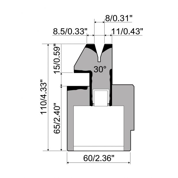 Pneumatic Hemming die R1 European type with total height=135mm, α=30°, Radius=1,5mm, Material=C45, Max. load