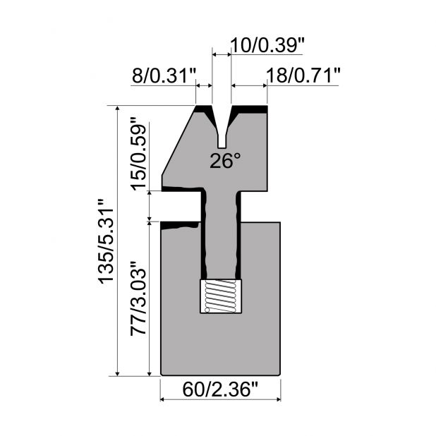 Sping-loaded Hemming die R1 European type with total height=135mm, α=26°, Radius=1,5mm, Material=C45, Max. l