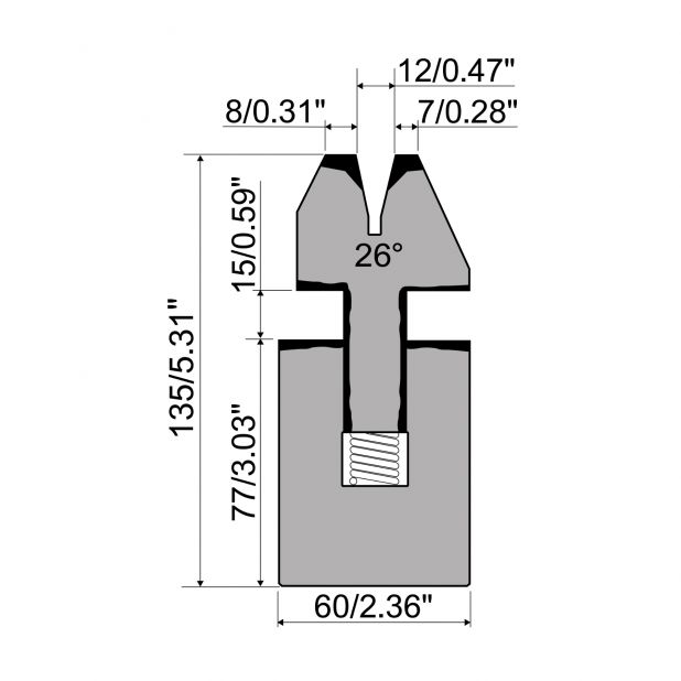 Sping-loaded Hemming die R1 European type with total height=135mm, α=26°, Radius=2mm, Material=C45, Max. loa