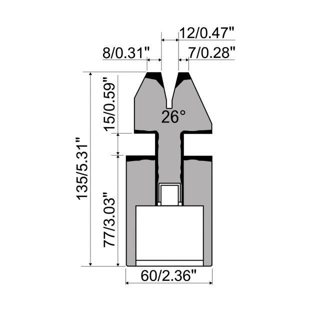 Pneumatic Hemming die R1 European type with total height=135mm, α=26°, Radius=2mm, Material=C45, Max. load=1