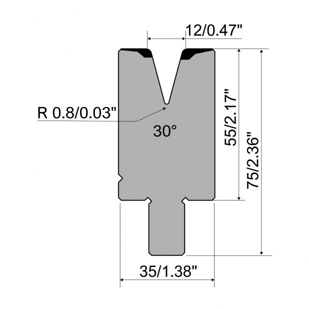 "Hemming die R1 European type TOP Series with height=55mm, Material=42cr, Max. load=500kN/m. To use with TOP.S