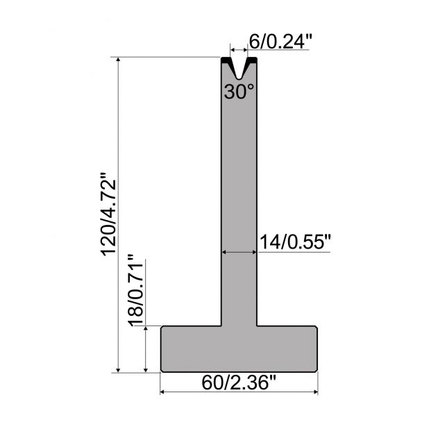 T die R1 European type with height=120mm, α=30°, Radius=0,6mm, Material=C45, Max. load=350kN/m.