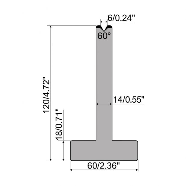 T die R1 European type with height=120mm, α=60°, Radius=1,5mm, Material=C45, Max. load=600kN/m.