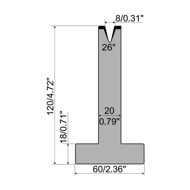 T die R1 European type with height=120mm, α=26°, Radius=1mm, Material=C45, Max. load=200kN/m.