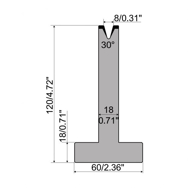 T die R1 European type with height=120mm, α=30°, Radius=0,8mm, Material=C45, Max. load=350kN/m.