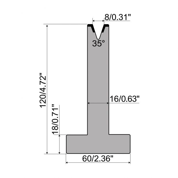 T die R1 European type with height=120mm, α=35°, Radius=1mm, Material=C45, Max. load=350kN/m.