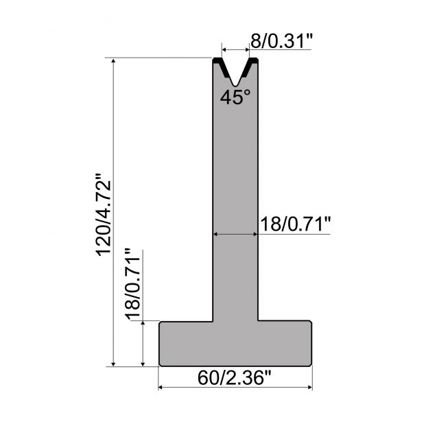 T die R1 European type with height=120mm, α=45°, Radius=1mm, Material=C45, Max. load=500kN/m.