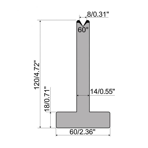 T die R1 European type with height=120mm, α=60°, Radius=0,8mm, Material=C45, Max. load=600kN/m.