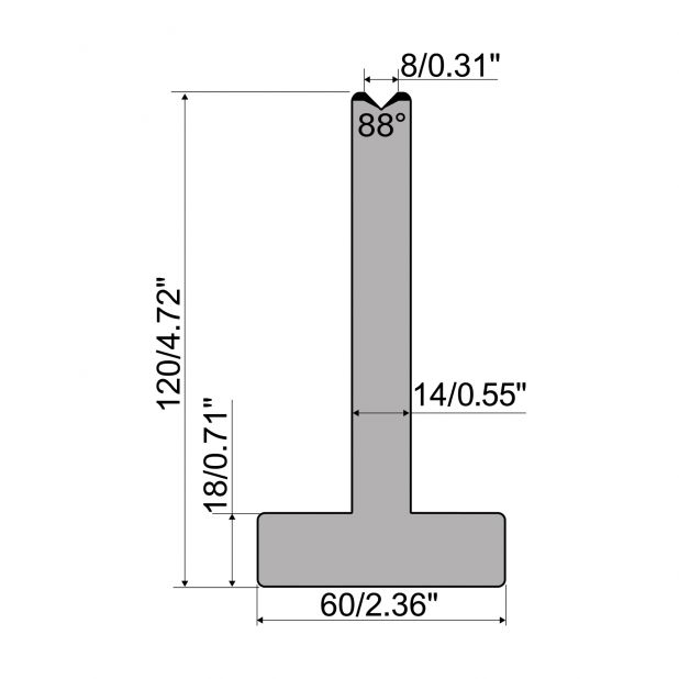 T die R1 European type with height=120mm, α=88°, Radius=0,5mm, Material=C45, Max. load=1000kN/m.