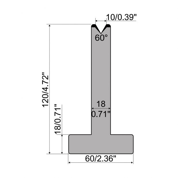 T die R1 European type with height=120mm, α=60°, Radius=0,8mm, Material=C45, Max. load=600kN/m.