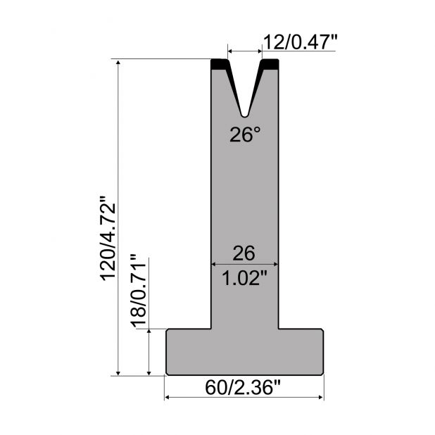 T die R1 European type with height=120mm, α=26°, Radius=1,6mm, Material=C45, Max. load=200kN/m.