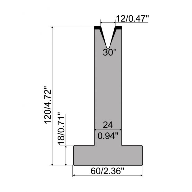 T die R1 European type with height=120mm, α=30°, Radius=1,5mm, Material=C45, Max. load=400kN/m.