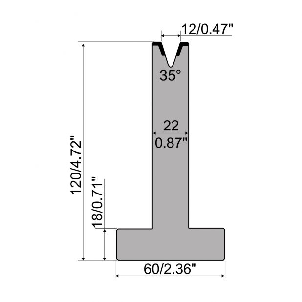 T die R1 European type with height=120mm, α=35°, Radius=1,6mm, Material=C45, Max. load=400kN/m.