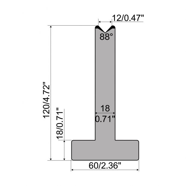 T die R1 European type with height=120mm, α=88°, Radius=2,75mm, Material=C45, Max. load=1000kN/m.