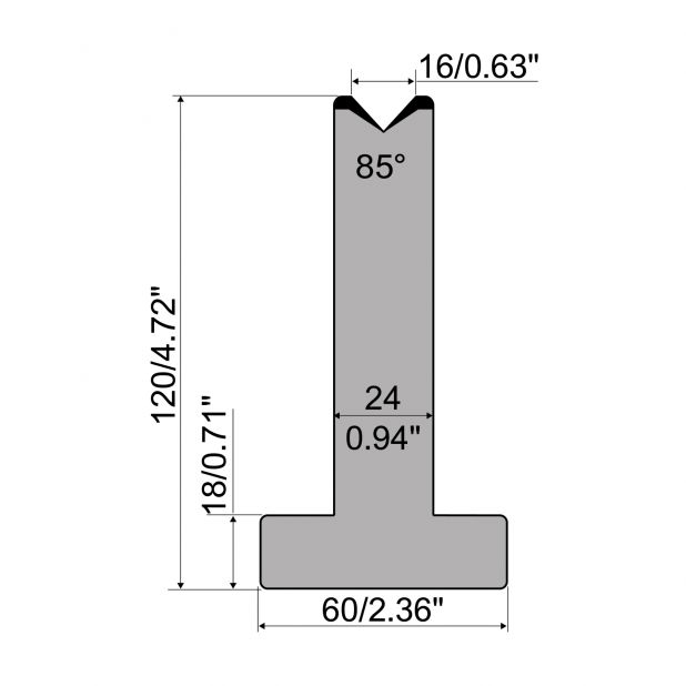 T die R1 European type with height=120mm, α=85°, Radius=2,75mm, Material=C45, Max. load=1000kN/m.