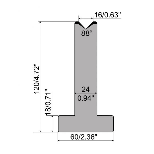 T die R1 European type with height=120mm, α=88°, Radius=2,75mm, Material=C45, Max. load=1000kN/m.