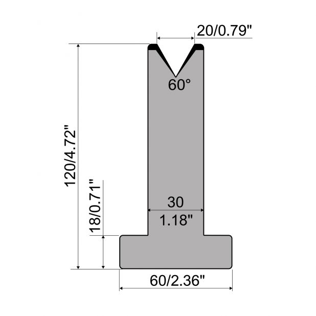 T die R1 European type with height=120mm, α=60°, Radius=3mm, Material=C45, Max. load=600kN/m.