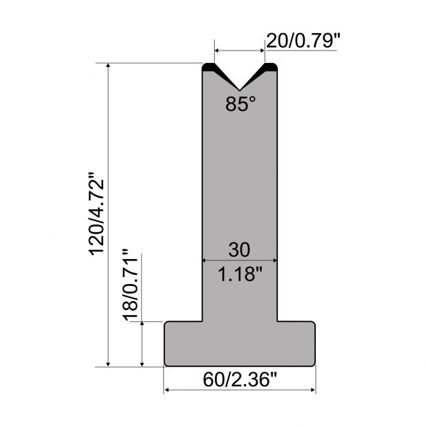 T die R1 European type with height=120mm, α=85°, Radius=3mm, Material=C45, Max. load=1000kN/m.
