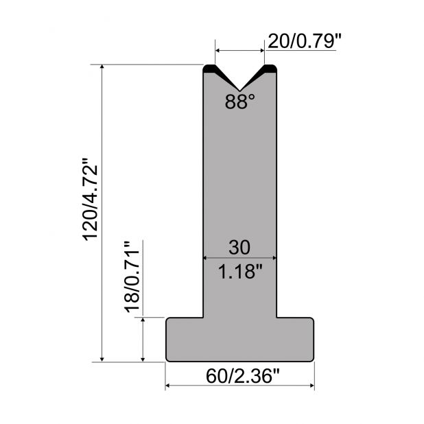 T die R1 European type with height=120mm, α=88°, Radius=3mm, Material=C45, Max. load=1000kN/m.