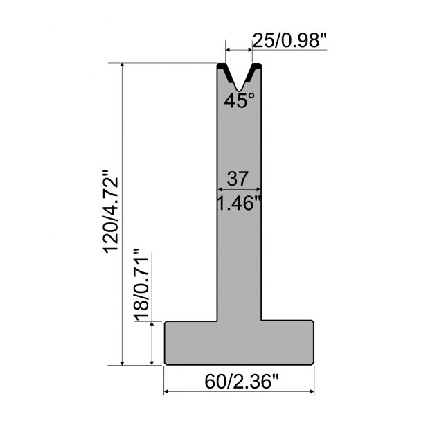 T die R1 European type with height=120mm, α=45°, Radius=3mm, Material=C45, Max. load=500kN/m.