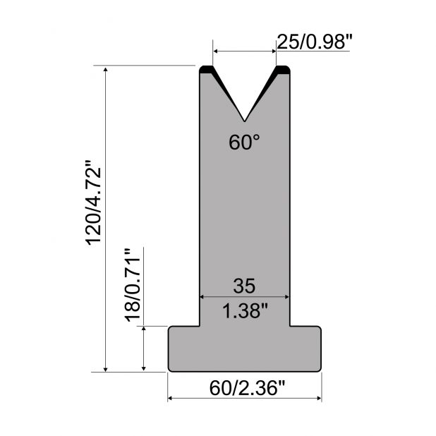 T die R1 European type with height=120mm, α=60°, Radius=3mm, Material=C45, Max. load=600kN/m.