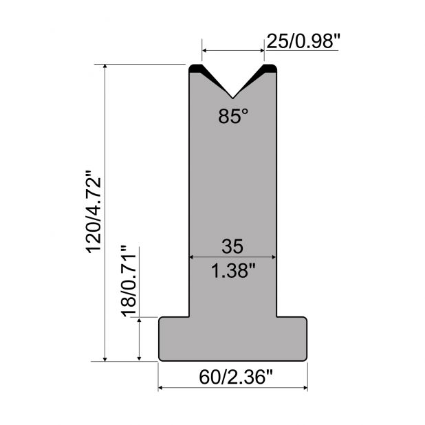 T die R1 European type with height=120mm, α=85°, Radius=3mm, Material=C45, Max. load=1000kN/m.