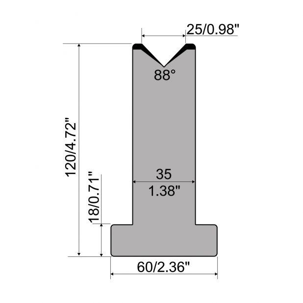 T die R1 European type with height=120mm, α=88°, Radius=3mm, Material=C45, Max. load=1000kN/m.