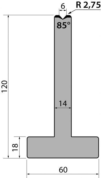 T die R1 European type with height=120mm, α=85°, Radius=2,75mm, Material=C45, Max. load=1000kN/m.