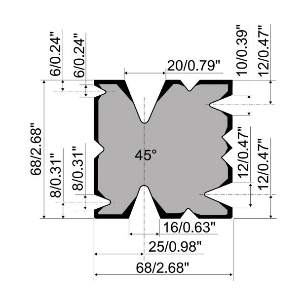Multi-V die R1 European type with height=68mm, α=45°, Material=42Cr, Max. load=400-700kN/m.