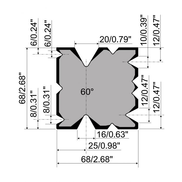 Multi-V die R1 European type with height=68mm, α=60°, Material=42Cr, Max. load=600-800kN/m.