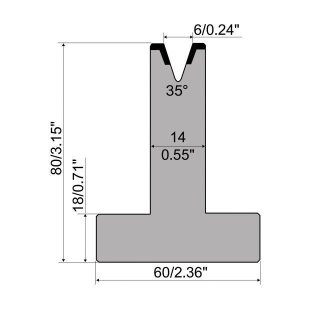 T die R1 European type with height=80mm, α=35°, Radius=0,8mm, Material=C45, Max. load=350kN/m.
