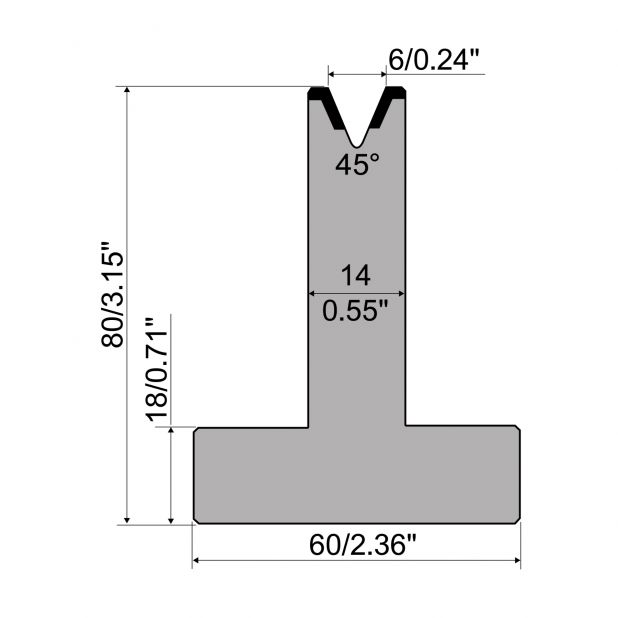 T die R1 European type with height=80mm, α=45°, Radius=0,8mm, Material=C45, Max. load=500kN/m.