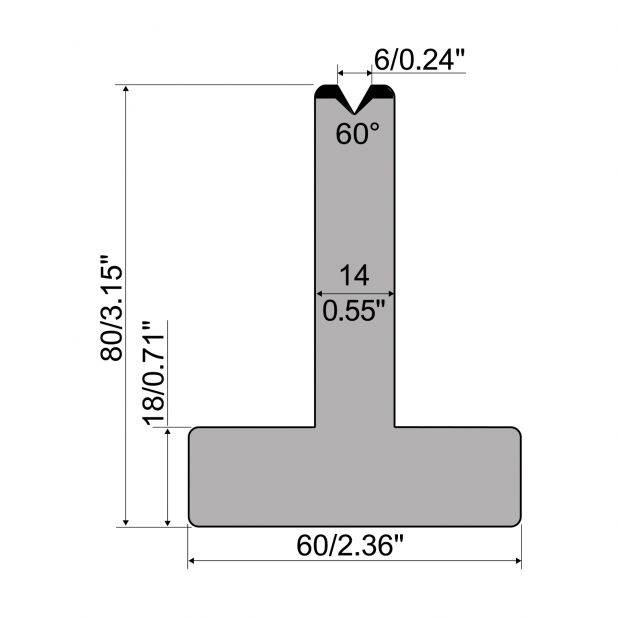 T die R1 European type with height=80mm, α=60°, Radius=0,5mm, Material=C45, Max. load=600kN/m.