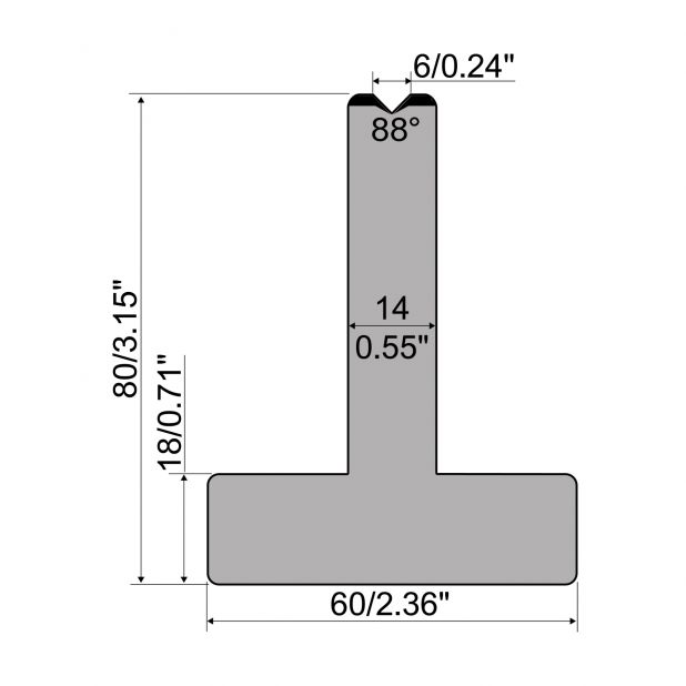 T die R1 European type with height=80mm, α=88°, Radius=0,4mm, Material=C45, Max. load=1000kN/m.