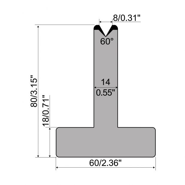 T die R1 European type with height=80mm, α=60°, Radius=0,8mm, Material=C45, Max. load=600kN/m.