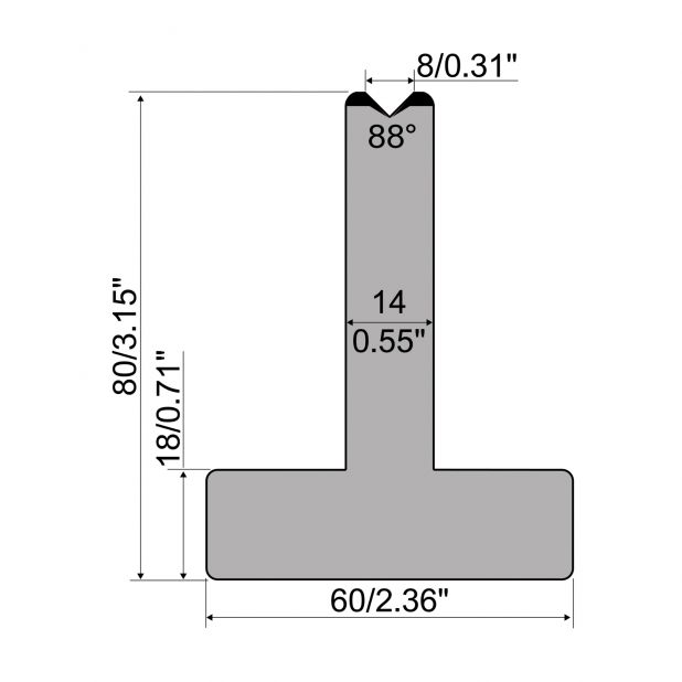 T die R1 European type with height=80mm, α=88°, Radius=0,5mm, Material=C45, Max. load=1000kN/m.