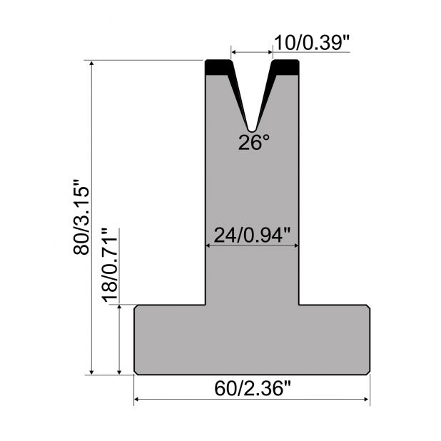 T die R1 European type with height=80mm, α=26°, Radius=1,2mm, Material=C45, Max. load=200kN/m.