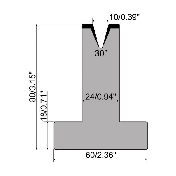 T die R1 European type with height=80mm, α=30°, Radius=1mm, Material=C45, Max. load=500kN/m.